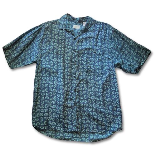 VTG Summa Silk Blue Gray Geometric Short Sleeve Button Down Shirt - Medium Mens