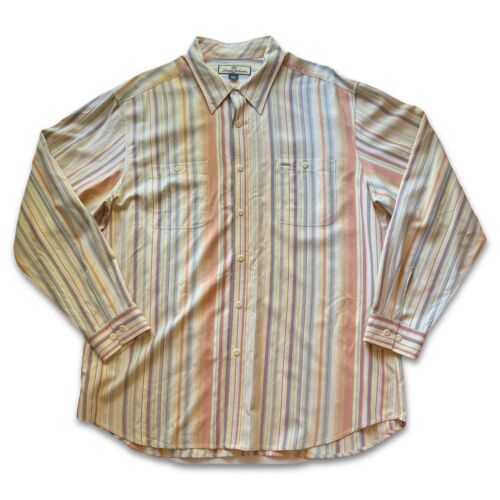 Tommy Bahama SILK Mens XL Peach/White Striped  100% Silk Button Up Shirt Pocket