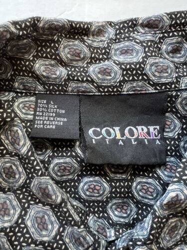 Colore Italia Mens Shirt Silk Short Sleeve Black Tan Geometric Button Up Size L