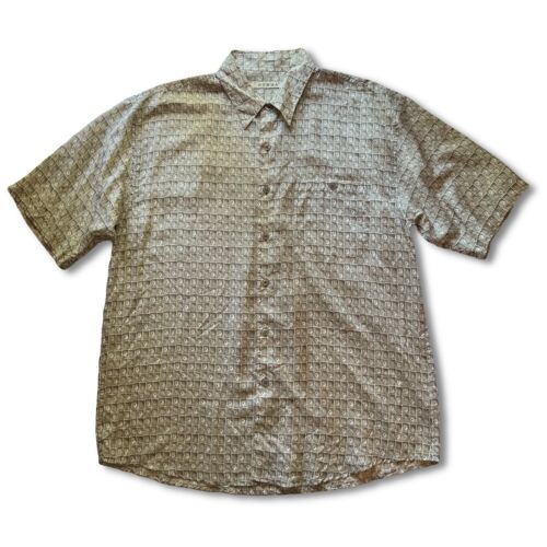 Summa Men Shirt Size L Beige THIN Silk Nylon All Over Print Short Sleeve