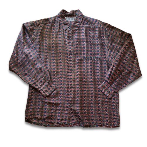 Vintage Addiction SILK Fan Scallop Pattern Shirt 100% Mens Medium Long Sleeve