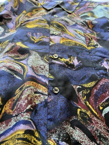 Vintage Robert Stock Mens Large Purple Green Blue Swirls Silk Button Down Top