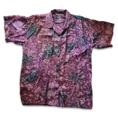 Robert Stock THIN  100% Silk Water RAIN sheer Short Sleeve Button Up Shirt M