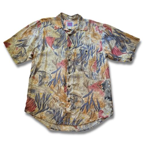 Vtg One 80z0 THIN Sheer Aquatic Shirt Mens M Multicolor 100% Silk Short Sleeve