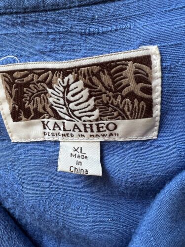 Kalaheo Hawaiian Shirt XL Solid Blue Emroidery Palm Trees Pocket Short Sleeve