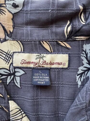 Tommy Bahama Mens Size L 100% SILK Short Shirt  Guitars & Flowers Dark Gray