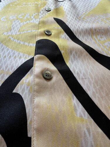 Brandini 100% Pure Silk Yellow Pearl Buttons Down Shirt Abstract Short Sleeve