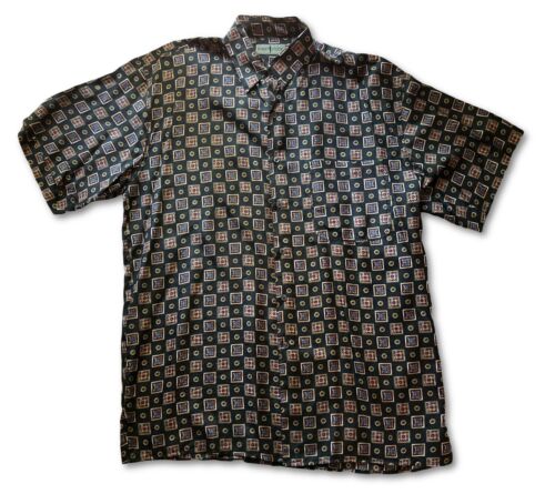 Robert Stock Silk Shirt Mens L Black Geometric Short Sleeve ButtonUp Gold Light