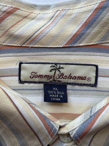 Tommy Bahama SILK Mens XL Peach/White Striped  100% Silk Button Up Shirt Pocket