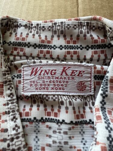 Wing Kee of Hong Kong Button Up Shirt Short Sleeve Mens White Slim Geometric