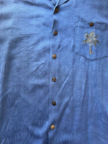 Kalaheo Hawaiian Shirt XL Solid Blue Emroidery Palm Trees Pocket Short Sleeve