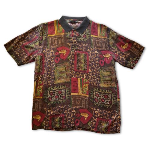 Montage pour homme Silk knit trim polo shirt. Mens Large Red Abstract Vintage