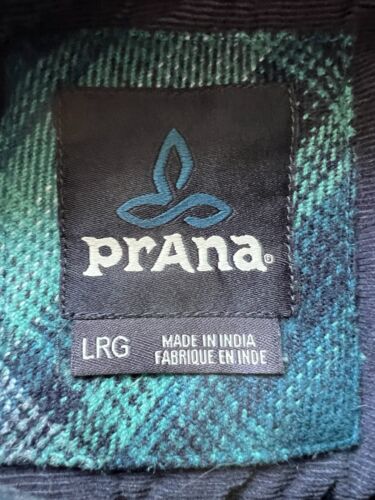 PrAna Men Shirt Large Green Blue Plaid Heavy Thick Cotton Flannel Fall Button Up