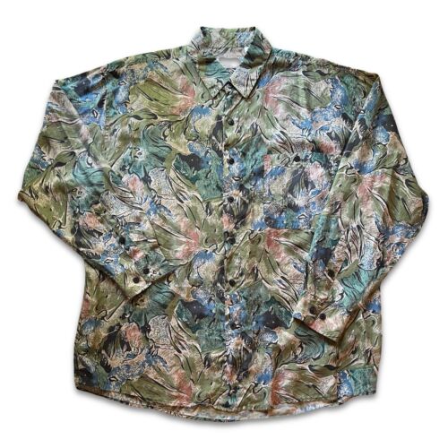 Summa SILK  Shirt Mens L Long Sleeve Button Up Abstract Art Floral Thin Summer