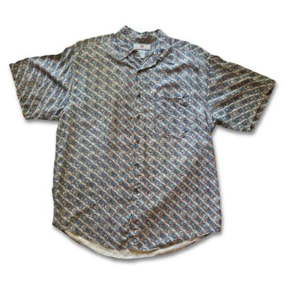 Vintage Chiamare SILK Shirt Mens Medium Blue Diamond Geometric SHORT SLEEVE Thin