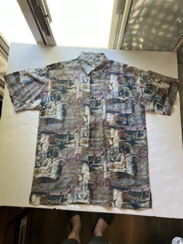 Robert Stock SILK Beige Geometric Abstract Short Sleeve Silk Shirt Mens Size L