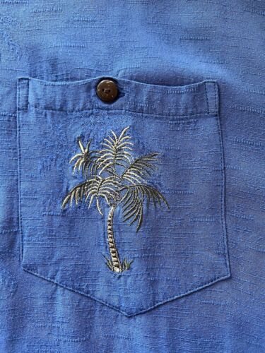 Kalaheo Hawaiian Shirt XL Solid Blue Emroidery Palm Trees Pocket Short Sleeve