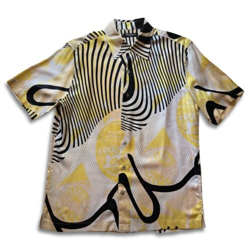 Brandini 100% Pure Silk Yellow Pearl Buttons Down Shirt Abstract Short Sleeve