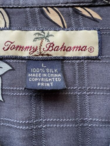 Tommy Bahama Mens Size L 100% SILK Short Shirt  Guitars & Flowers Dark Gray