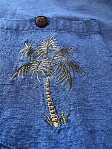 Kalaheo Hawaiian Shirt XL Solid Blue Emroidery Palm Trees Pocket Short Sleeve