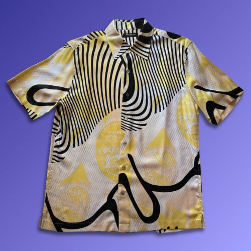 Brandini 100% Pure Silk Yellow Pearl Buttons Down Shirt Abstract Short Sleeve