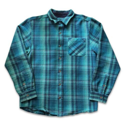 PrAna Men Shirt Large Green Blue Plaid Heavy Thick Cotton Flannel Fall Button Up