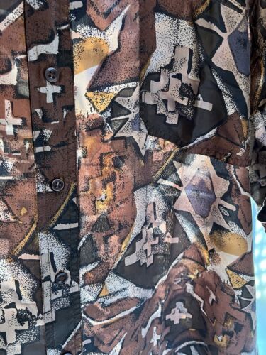 VTG Jenny; Jeff 100% SILK Mens Button Up Shirt Geometric Abstract XL Brown Beige