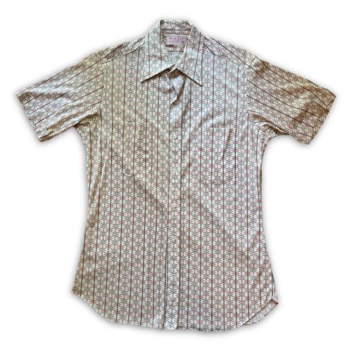 Wing Kee of Hong Kong Button Up Shirt Short Sleeve Mens White Slim Geometric