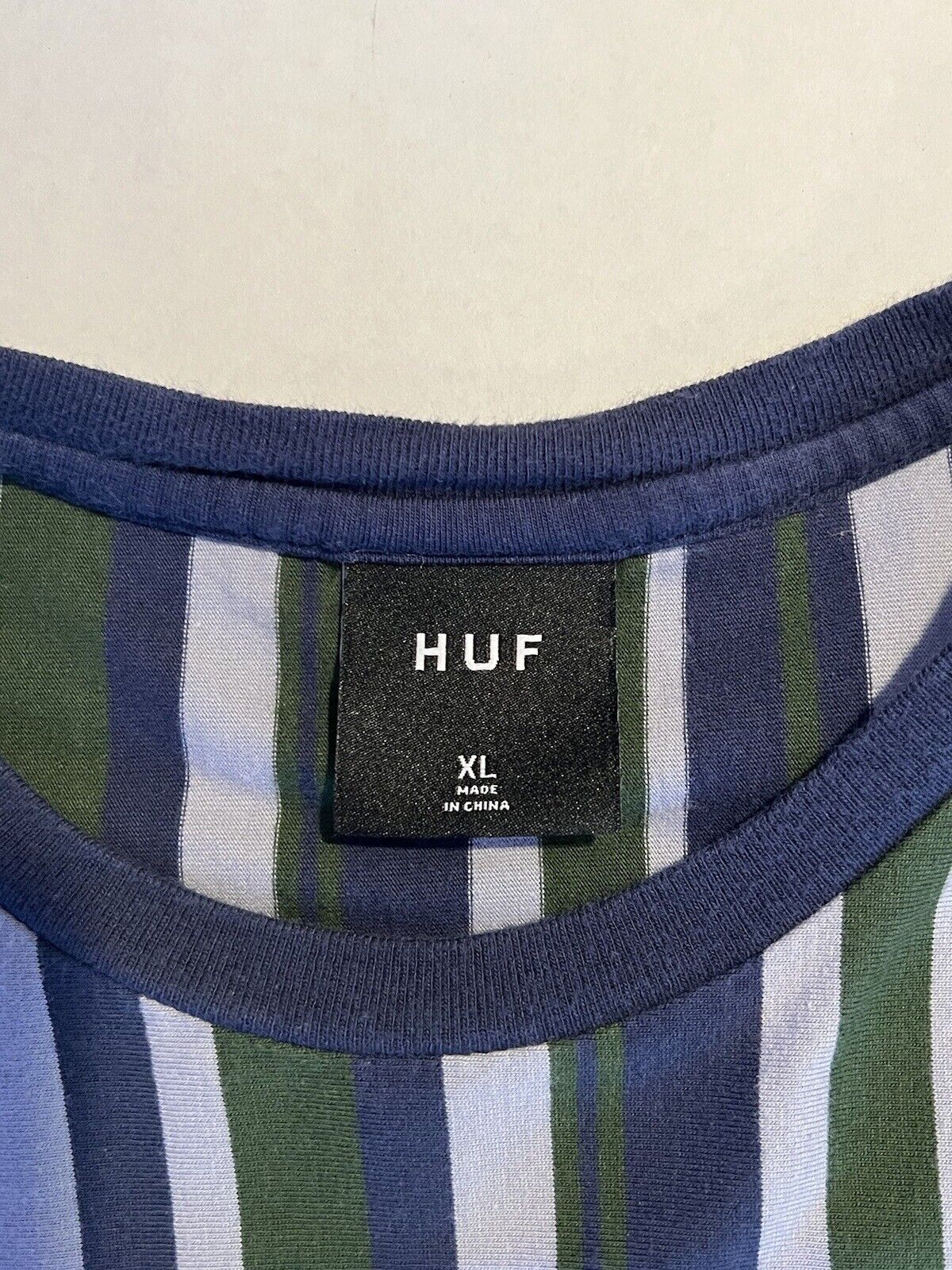 HUF WORLDWIDE Vertical Striped Tee Size XL Embroidered Logo Green Blue White