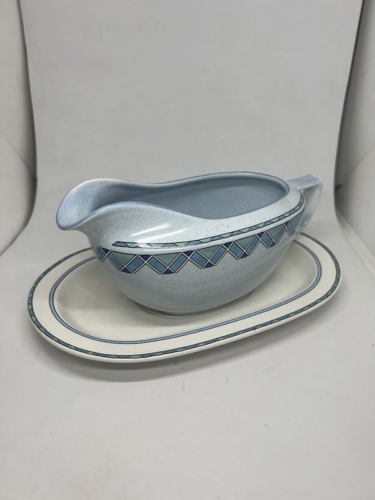 Vintage Mikasa Potters Touch Florenza Gravy Pitcher w/Underplate Blue Speckle