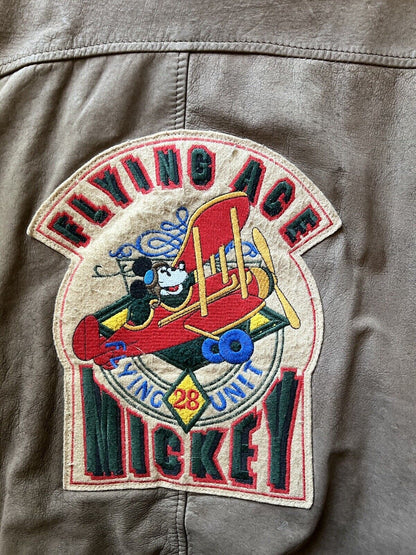 Mickey Mouse Flying Ace Patches Unit Genuine Leather Bomber Vintage Brown Mens