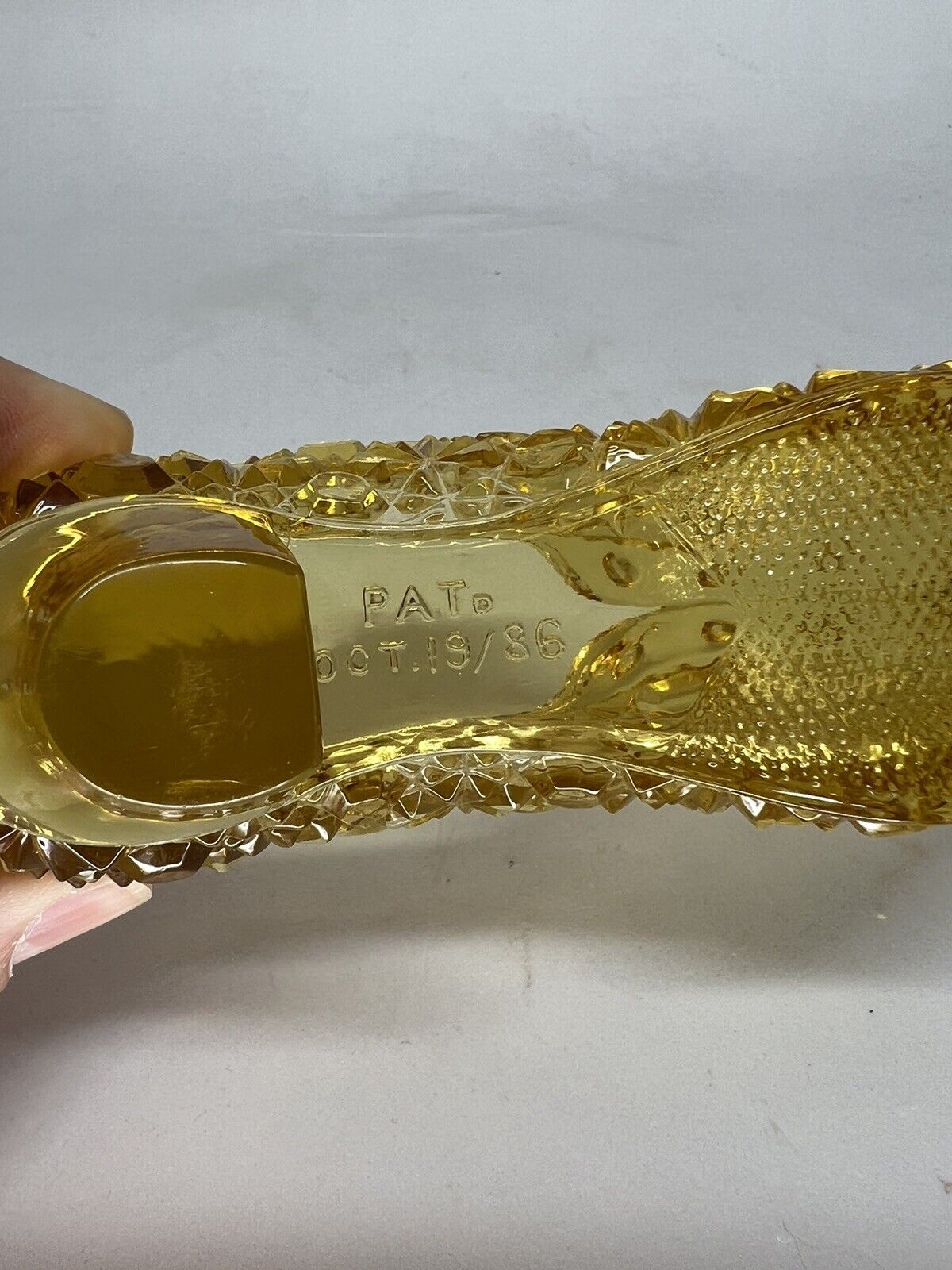 Shoe Slipper Glass Amber Daisy & Button Pat Oct.19/89, 2.5" Tall 5" Long Vintage