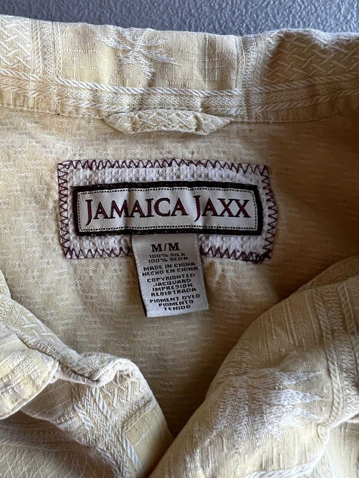 Jamaica Jaxx  100% Silk Button Up Shirt Mens Medium Short Sleeve Yellow Pocket