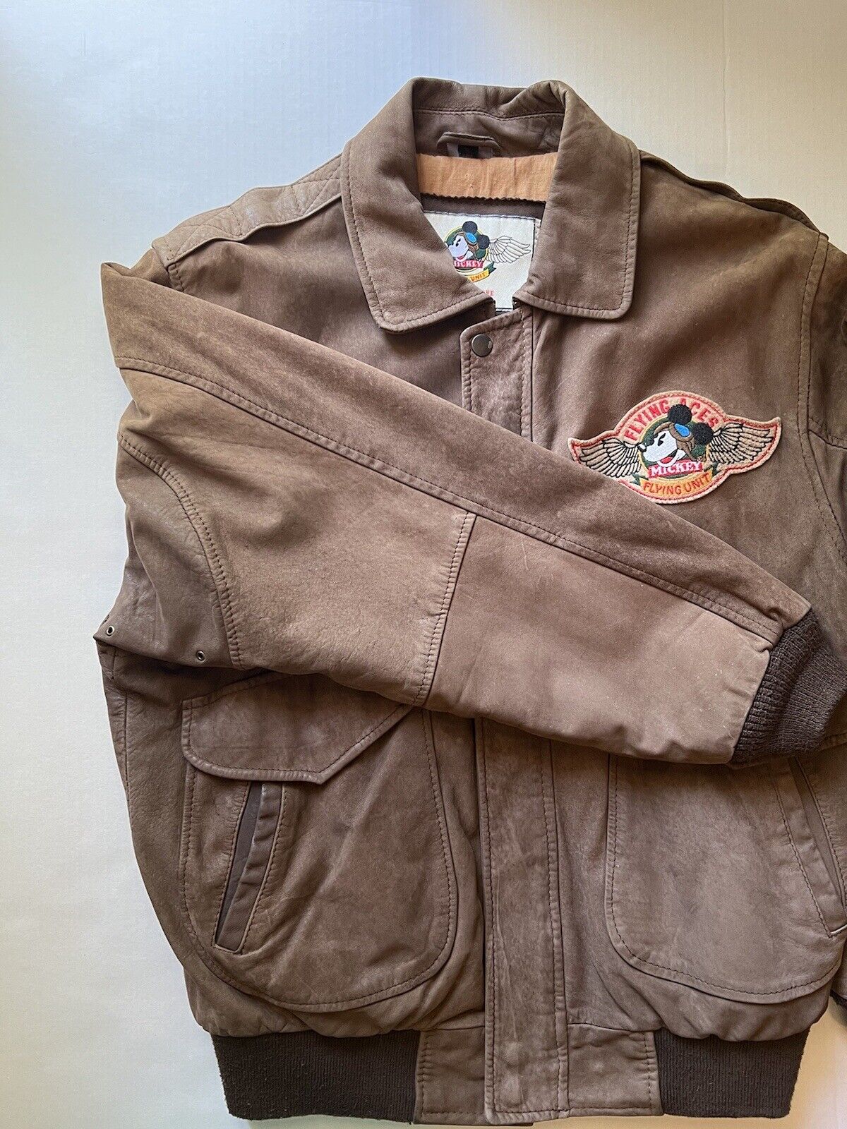 Mickey Mouse Flying Ace Patches Unit Genuine Leather Bomber Vintage Brown Mens