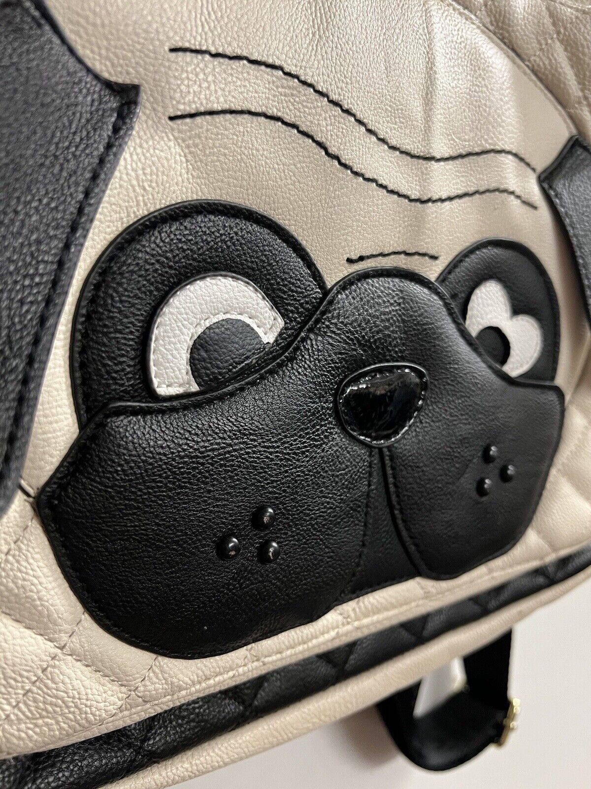 Betsey Johnson Pug Dog Quilted White And Black Faux Leather Backpack W Ball 