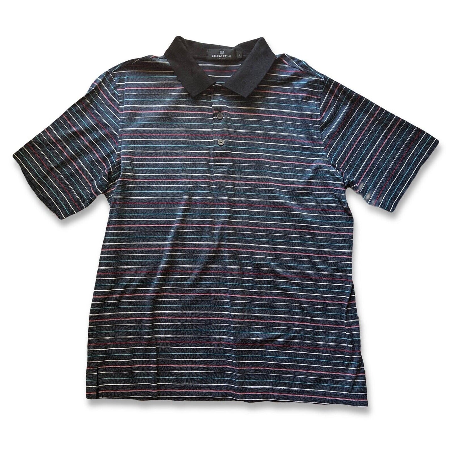 BUGATCHI UOMO Small Mens Golf Polo Short Sleeve   Striped Flowers Unique Design