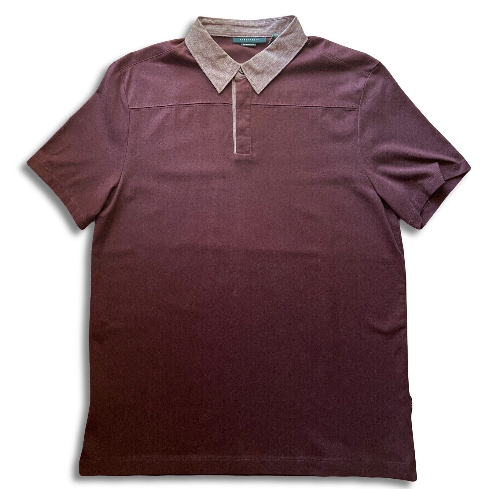 Perry Ellis Mens Hidden Buttons Burgundy Maroon Pima Cotton Polo Shirt Medium