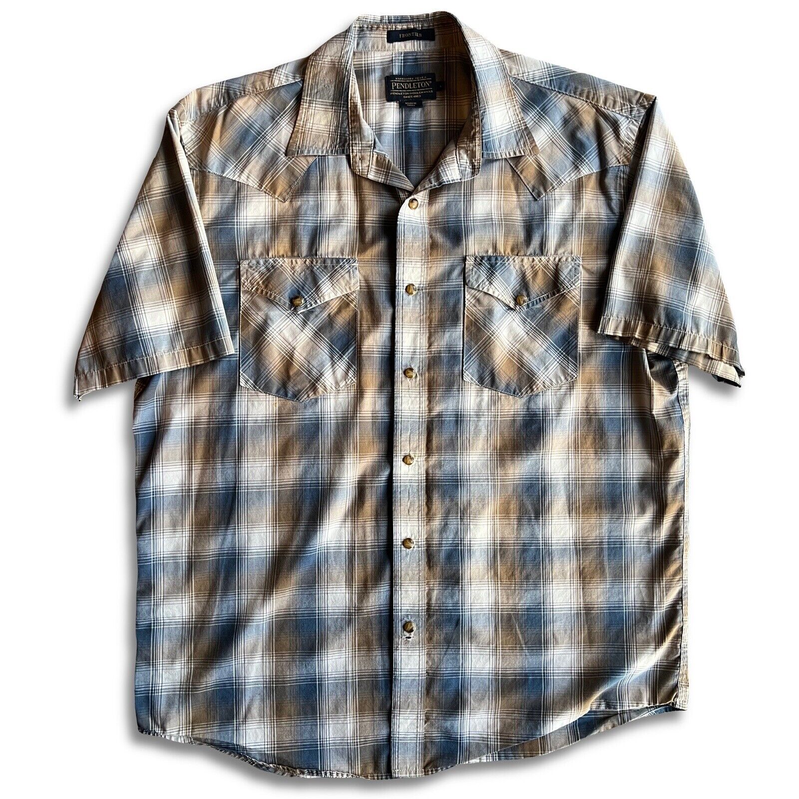 Pendleton Shirt Mens Blue Brown Large Plaid Frontier Pearl Snap Western Cowboy