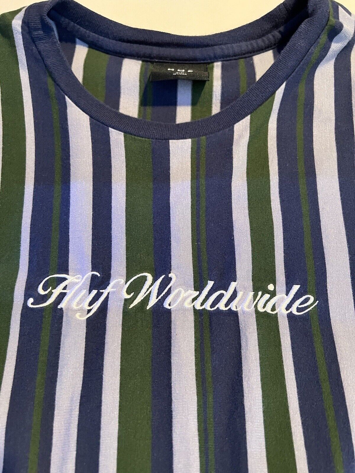 HUF WORLDWIDE Vertical Striped Tee Size XL Embroidered Logo Green Blue White