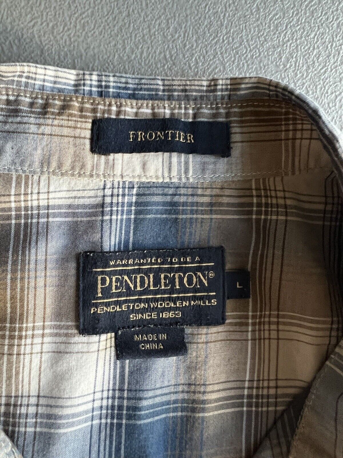 Pendleton Shirt Mens Blue Brown Large Plaid Frontier Pearl Snap Western Cowboy