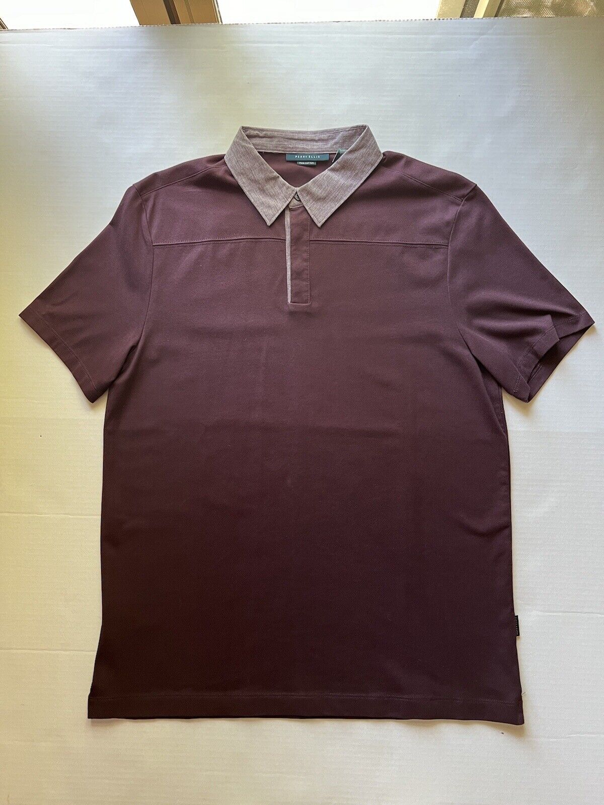 Perry Ellis Mens Hidden Buttons Burgundy Maroon Pima Cotton Polo Shirt Medium