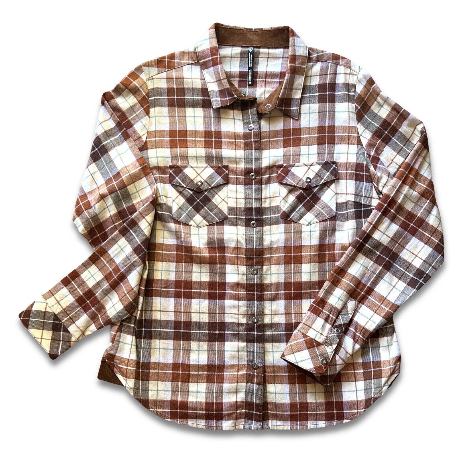 KUHL Tess Plaid Flannel Shirt Cinnamon Brown Women's Sz M Cream Corduroy Hiking