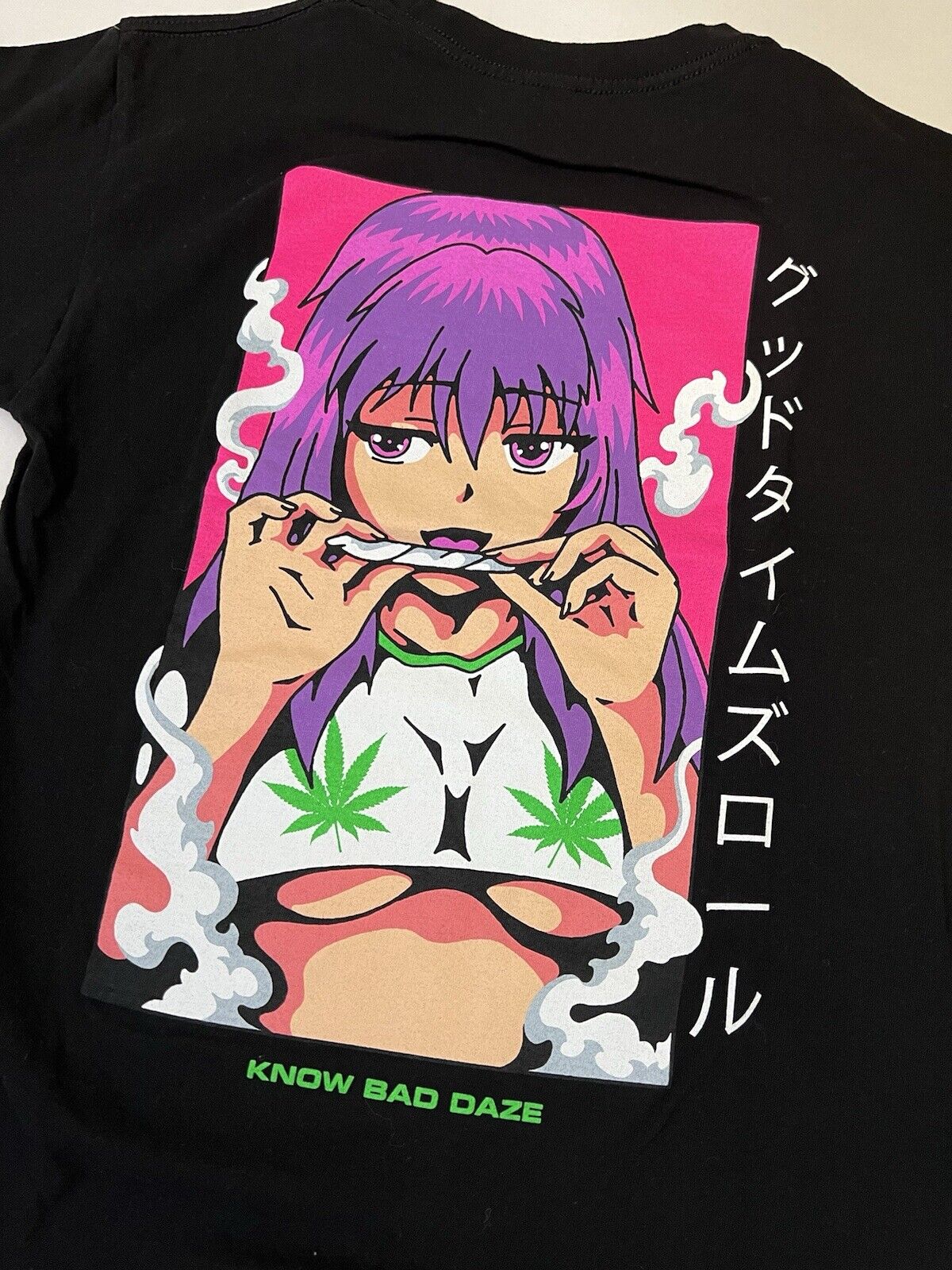 Men's Waifu Smoking Know Bad Daze Anime Girl Halfboob Stoner Graphic Shirt Adult