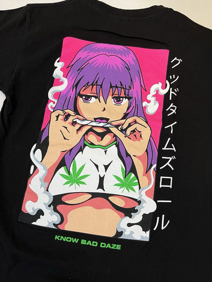 Men's Waifu Smoking Know Bad Daze Anime Girl Halfboob Stoner Graphic Shirt Adult