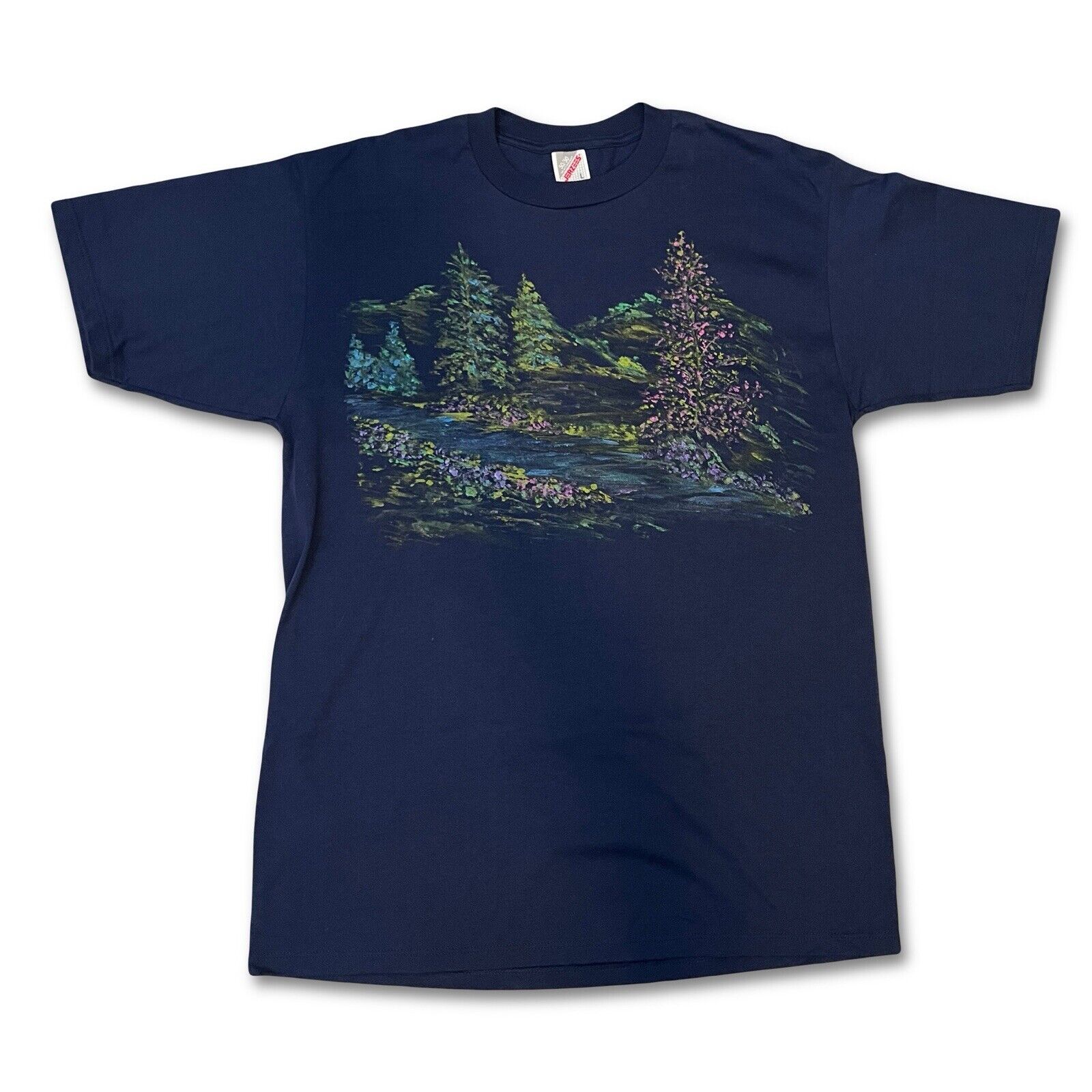 Vintage Hand Painted Forest Flower Scene Graphic Tshirt Jerzees Mens Large