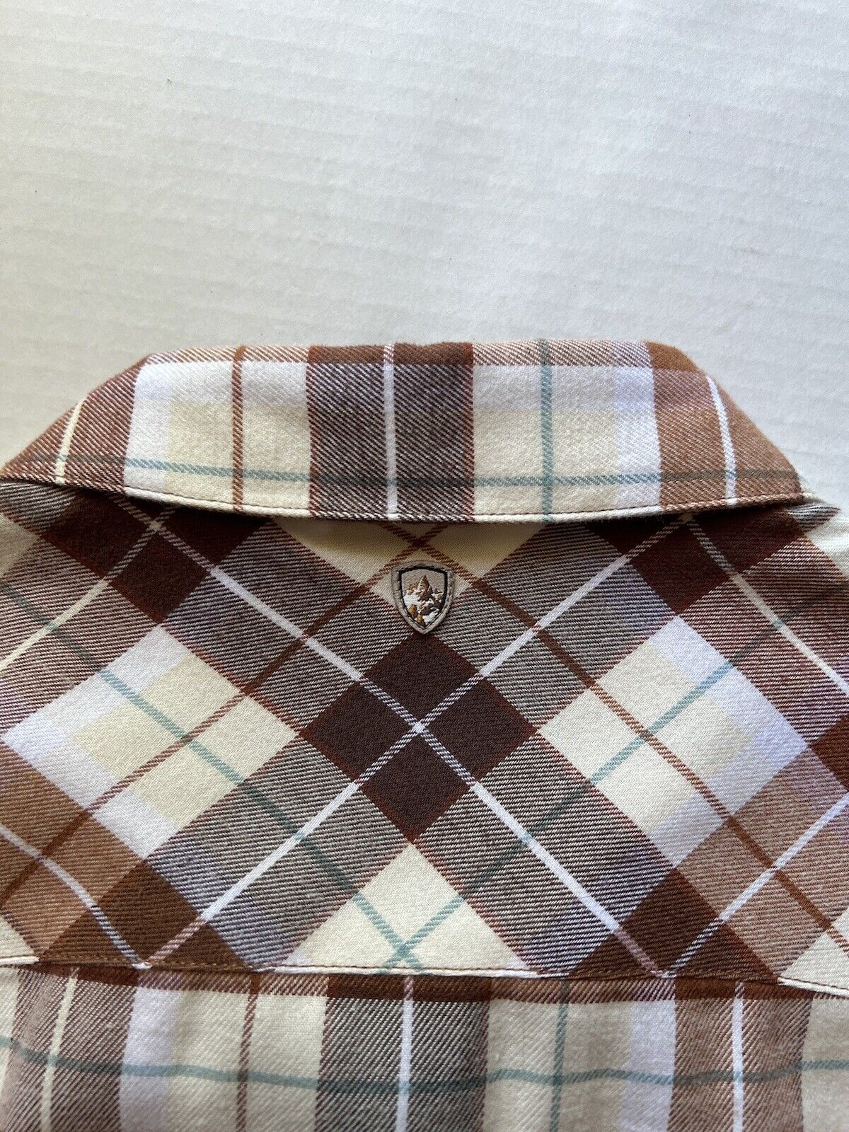 KUHL Tess Plaid Flannel Shirt Cinnamon Brown Women's Sz M Cream Corduroy Hiking