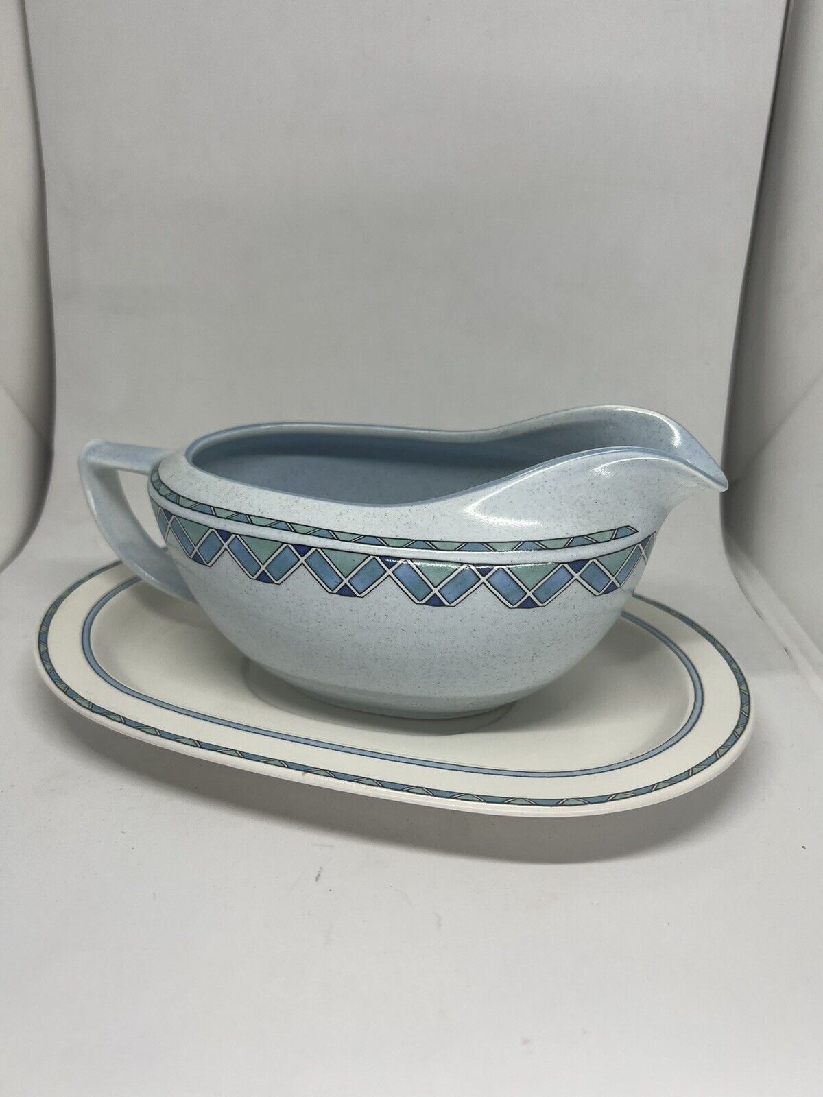 Vintage Mikasa Potters Touch Florenza Gravy Pitcher w/Underplate Blue Speckle