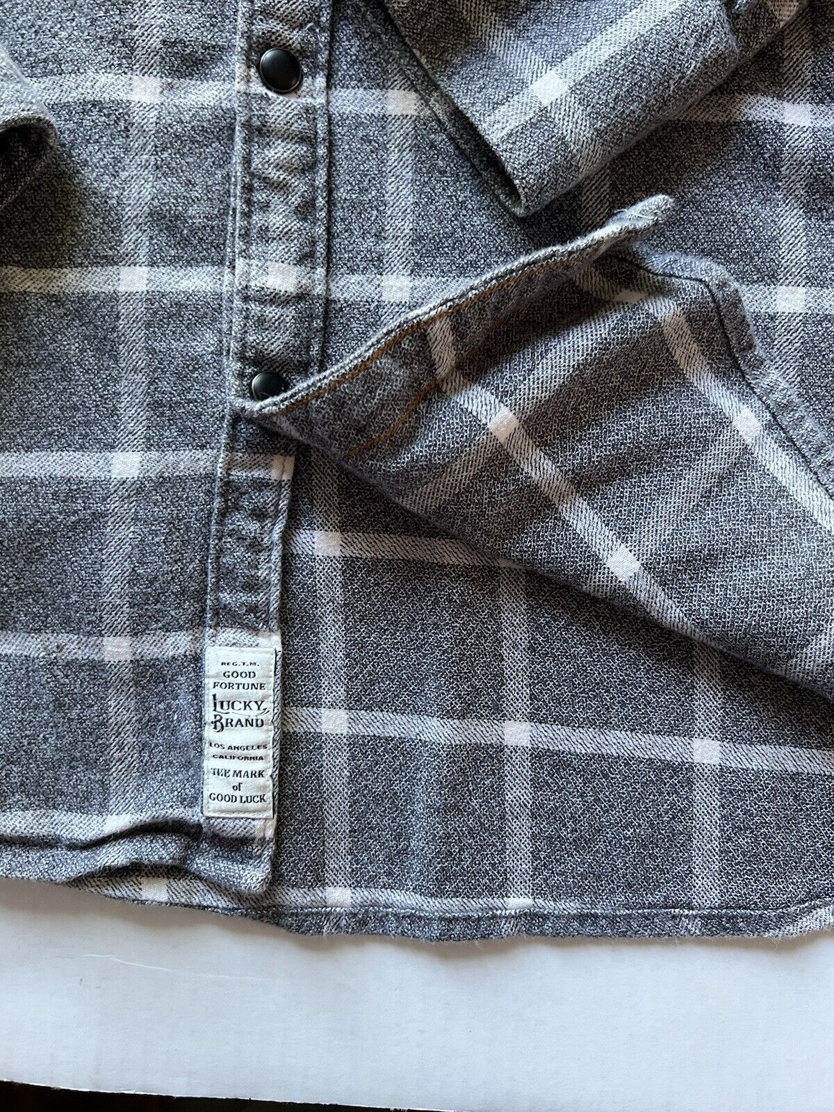 Lucky Brand Shirt Mens Large Grey Plaid Flannel Pearl Snap Saturday Stretch