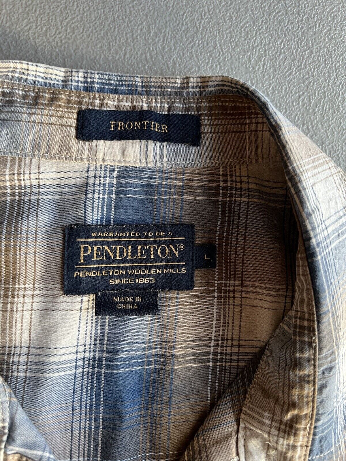 Pendleton Shirt Mens Blue Brown Large Plaid Frontier Pearl Snap Western Cowboy