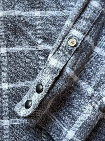 Lucky Brand Shirt Mens Large Grey Plaid Flannel Pearl Snap Saturday Stretch